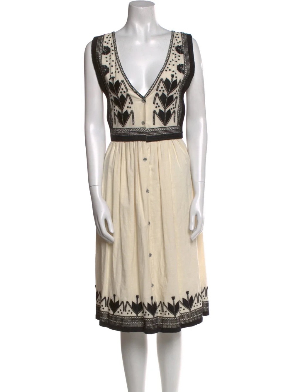 Suno Cream and Black Embroidered V-Neck Midi Dress